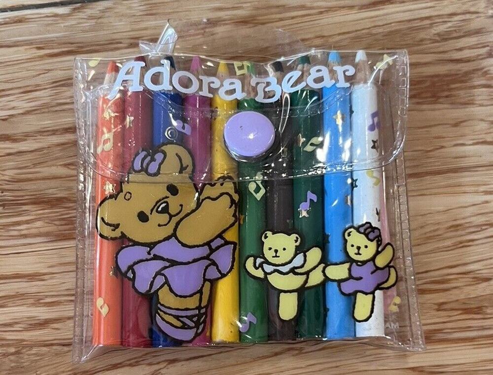 VTG Sanrio Adora Bear Mini Colored Pencils In Case W/ Sketch Book RARE 1991